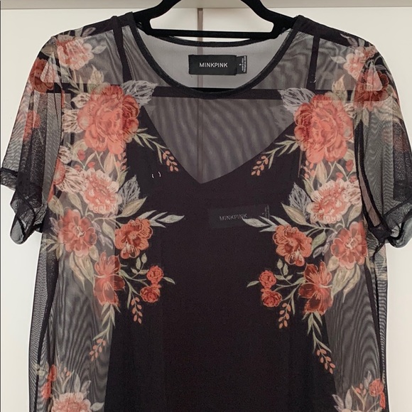 MINKPINK Floral black mesh dress with black slip - Picture 2 of 3